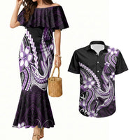 Purple Black Aloha Hawaii Couples Matching Mermaid Dress and Hawaiian Shirt Polynesian Shark Tattoo Plumeria LT14 Purple - Polynesian Pride