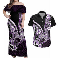 Purple Black Aloha Hawaii Couples Matching Off Shoulder Maxi Dress and Hawaiian Shirt Polynesian Shark Tattoo Plumeria LT14 Purple - Polynesian Pride