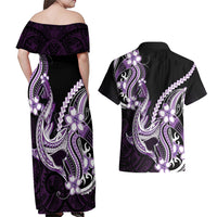 Purple Black Aloha Hawaii Couples Matching Off Shoulder Maxi Dress and Hawaiian Shirt Polynesian Shark Tattoo Plumeria LT14 - Polynesian Pride