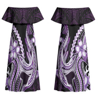 Purple Black Aloha Hawaii Couples Matching Off Shoulder Maxi Dress and Hawaiian Shirt Polynesian Shark Tattoo Plumeria LT14 - Polynesian Pride