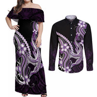 Purple Black Aloha Hawaii Couples Matching Off Shoulder Maxi Dress and Long Sleeve Button Shirt Polynesian Shark Tattoo Plumeria LT14 Purple - Polynesian Pride