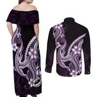 Purple Black Aloha Hawaii Couples Matching Off Shoulder Maxi Dress and Long Sleeve Button Shirt Polynesian Shark Tattoo Plumeria LT14 - Polynesian Pride