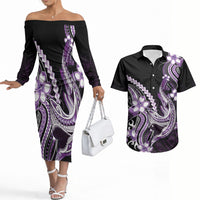 Purple Black Aloha Hawaii Couples Matching Off The Shoulder Long Sleeve Dress and Hawaiian Shirt Polynesian Shark Tattoo Plumeria LT14 Purple - Polynesian Pride