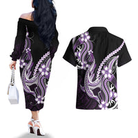 Purple Black Aloha Hawaii Couples Matching Off The Shoulder Long Sleeve Dress and Hawaiian Shirt Polynesian Shark Tattoo Plumeria LT14 - Polynesian Pride