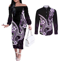 Purple Black Aloha Hawaii Couples Matching Off The Shoulder Long Sleeve Dress and Long Sleeve Button Shirt Polynesian Shark Tattoo Plumeria LT14 Purple - Polynesian Pride