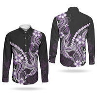 Purple Black Aloha Hawaii Couples Matching Off The Shoulder Long Sleeve Dress and Long Sleeve Button Shirt Polynesian Shark Tattoo Plumeria LT14 - Polynesian Pride