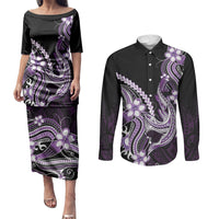 Purple Black Aloha Hawaii Couples Matching Puletasi and Long Sleeve Button Shirt Polynesian Shark Tattoo Plumeria LT14 Purple - Polynesian Pride
