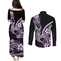Purple Black Aloha Hawaii Couples Matching Puletasi and Long Sleeve Button Shirt Polynesian Shark Tattoo Plumeria LT14 - Polynesian Pride