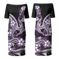 Purple Black Aloha Hawaii Couples Matching Puletasi and Long Sleeve Button Shirt Polynesian Shark Tattoo Plumeria LT14 - Polynesian Pride