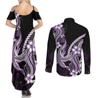 Purple Black Aloha Hawaii Couples Matching Summer Maxi Dress and Long Sleeve Button Shirt Polynesian Shark Tattoo Plumeria LT14 - Polynesian Pride