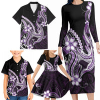 Purple Black Aloha Hawaii Family Matching Long Sleeve Bodycon Dress and Hawaiian Shirt Polynesian Shark Tattoo Plumeria LT14 - Polynesian Pride