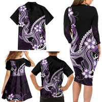 Purple Black Aloha Hawaii Family Matching Long Sleeve Bodycon Dress and Hawaiian Shirt Polynesian Shark Tattoo Plumeria LT14 Mom's Dress Purple - Polynesian Pride