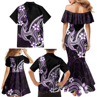Purple Black Aloha Hawaii Family Matching Mermaid Dress and Hawaiian Shirt Polynesian Shark Tattoo Plumeria LT14 Mom's Dress Purple - Polynesian Pride