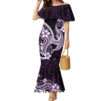 Purple Black Aloha Hawaii Family Matching Mermaid Dress and Hawaiian Shirt Polynesian Shark Tattoo Plumeria