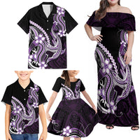 Purple Black Aloha Hawaii Family Matching Off Shoulder Maxi Dress and Hawaiian Shirt Polynesian Shark Tattoo Plumeria LT14 - Polynesian Pride
