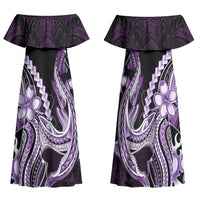 Purple Black Aloha Hawaii Family Matching Off Shoulder Maxi Dress and Hawaiian Shirt Polynesian Shark Tattoo Plumeria LT14 Mom's Dress Purple - Polynesian Pride