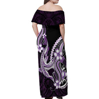 Purple Black Aloha Hawaii Family Matching Off Shoulder Maxi Dress and Hawaiian Shirt Polynesian Shark Tattoo Plumeria