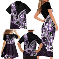 Purple Black Aloha Hawaii Family Matching Short Sleeve Bodycon Dress and Hawaiian Shirt Polynesian Shark Tattoo Plumeria