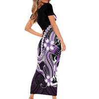 Purple Black Aloha Hawaii Family Matching Short Sleeve Bodycon Dress and Hawaiian Shirt Polynesian Shark Tattoo Plumeria