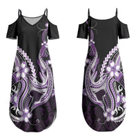 Purple Black Aloha Hawaii Family Matching Summer Maxi Dress and Hawaiian Shirt Polynesian Shark Tattoo Plumeria LT14 Mom's Dress Purple - Polynesian Pride