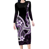 Purple Black Aloha Hawaii Long Sleeve Bodycon Dress Polynesian Shark Tattoo Plumeria LT14 Long Dress Purple - Polynesian Pride