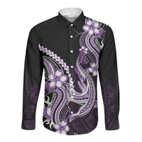 Purple Black Aloha Hawaii Long Sleeve Button Shirt Polynesian Shark Tattoo Plumeria LT14 Unisex Purple - Polynesian Pride