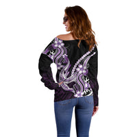 Purple Black Aloha Hawaii Off Shoulder Sweater Polynesian Shark Tattoo Plumeria