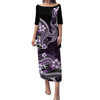 Purple Black Aloha Hawaii Puletasi Polynesian Shark Tattoo Plumeria LT14 Long Dress Purple - Polynesian Pride