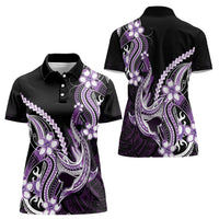 Purple Black Aloha Hawaii Women Polo Shirt Polynesian Shark Tattoo Plumeria