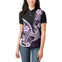 Purple Black Aloha Hawaii Women Polo Shirt Polynesian Shark Tattoo Plumeria