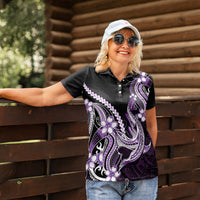 Purple Black Aloha Hawaii Women Polo Shirt Polynesian Shark Tattoo Plumeria
