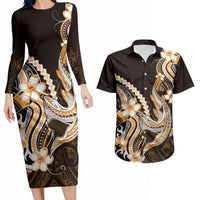 Orange Black Aloha Hawaii Couples Matching Long Sleeve Bodycon Dress and Hawaiian Shirt Polynesian Shark Tattoo Plumeria LT14 Orange - Polynesian Pride