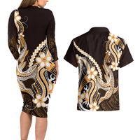 Orange Black Aloha Hawaii Couples Matching Long Sleeve Bodycon Dress and Hawaiian Shirt Polynesian Shark Tattoo Plumeria LT14 - Polynesian Pride