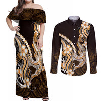 Orange Black Aloha Hawaii Couples Matching Off Shoulder Maxi Dress and Long Sleeve Button Shirt Polynesian Shark Tattoo Plumeria LT14 Orange - Polynesian Pride