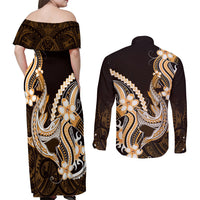 Orange Black Aloha Hawaii Couples Matching Off Shoulder Maxi Dress and Long Sleeve Button Shirt Polynesian Shark Tattoo Plumeria LT14 - Polynesian Pride