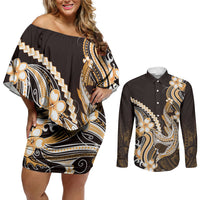 Orange Black Aloha Hawaii Couples Matching Off Shoulder Short Dress and Long Sleeve Button Shirt Polynesian Shark Tattoo Plumeria LT14 Orange - Polynesian Pride