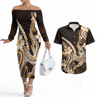 Orange Black Aloha Hawaii Couples Matching Off The Shoulder Long Sleeve Dress and Hawaiian Shirt Polynesian Shark Tattoo Plumeria LT14 Orange - Polynesian Pride