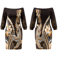 Orange Black Aloha Hawaii Couples Matching Off The Shoulder Long Sleeve Dress and Hawaiian Shirt Polynesian Shark Tattoo Plumeria LT14 - Polynesian Pride