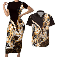 Orange Black Aloha Hawaii Couples Matching Short Sleeve Bodycon Dress and Hawaiian Shirt Polynesian Shark Tattoo Plumeria LT14 Orange - Polynesian Pride