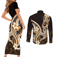 Orange Black Aloha Hawaii Couples Matching Short Sleeve Bodycon Dress and Long Sleeve Button Shirt Polynesian Shark Tattoo Plumeria