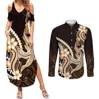 Orange Black Aloha Hawaii Couples Matching Summer Maxi Dress and Long Sleeve Button Shirt Polynesian Shark Tattoo Plumeria LT14 Orange - Polynesian Pride