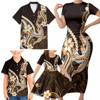 Orange Black Aloha Hawaii Family Matching Short Sleeve Bodycon Dress and Hawaiian Shirt Polynesian Shark Tattoo Plumeria LT14 - Polynesian Pride