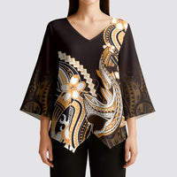 Orange Black Aloha Hawaii Kimono Sleeve Blouse Polynesian Shark Tattoo Plumeria