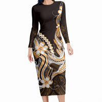 Orange Black Aloha Hawaii Long Sleeve Bodycon Dress Polynesian Shark Tattoo Plumeria LT14 Long Dress Orange - Polynesian Pride