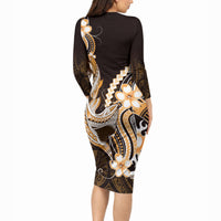 Orange Black Aloha Hawaii Long Sleeve Bodycon Dress Polynesian Shark Tattoo Plumeria LT14 - Polynesian Pride