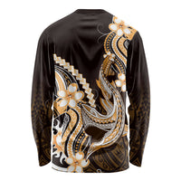 Orange Black Aloha Hawaii Long Sleeve Shirt Polynesian Shark Tattoo Plumeria