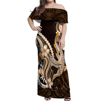 Orange Black Aloha Hawaii Off Shoulder Maxi Dress Polynesian Shark Tattoo Plumeria LT14 Women Orange - Polynesian Pride