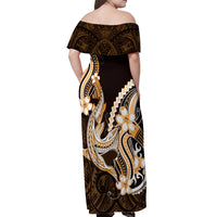 Orange Black Aloha Hawaii Off Shoulder Maxi Dress Polynesian Shark Tattoo Plumeria LT14 - Polynesian Pride