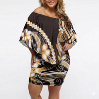Orange Black Aloha Hawaii Off Shoulder Short Dress Polynesian Shark Tattoo Plumeria LT14 Women Orange - Polynesian Pride