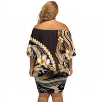 Orange Black Aloha Hawaii Off Shoulder Short Dress Polynesian Shark Tattoo Plumeria LT14 - Polynesian Pride